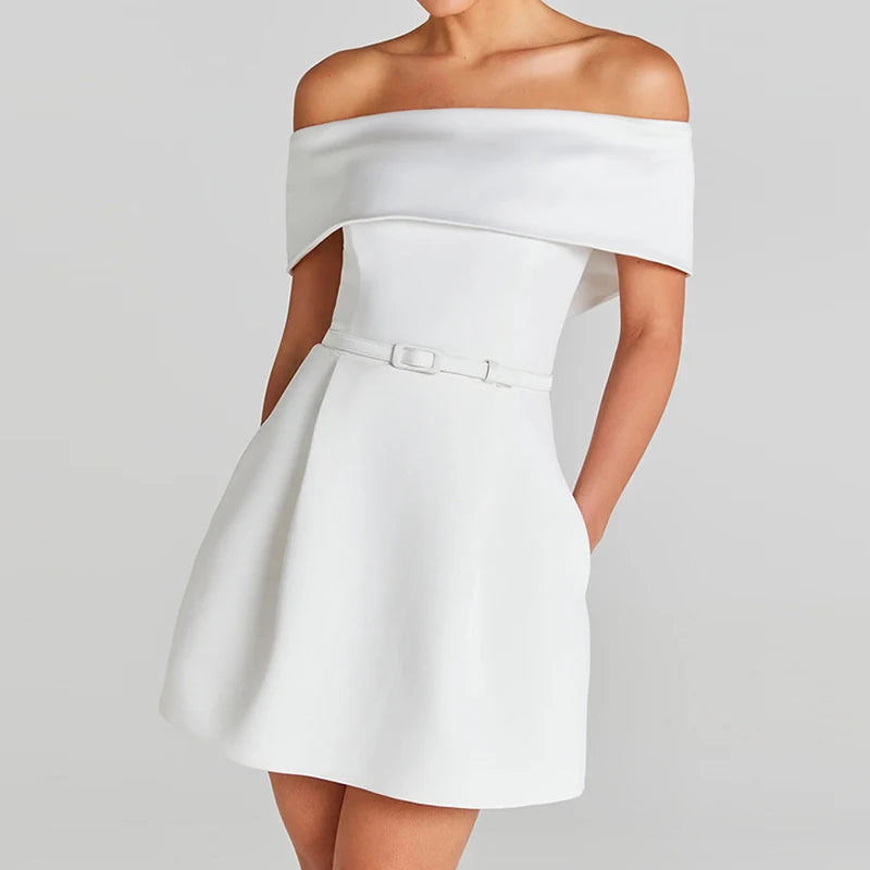 Women Belt Patchwork Short Sleeve Mini Dress, Spring Summer Fashion Slash Neck Party Dress, Solid Off The Shoulder Ladies Dress