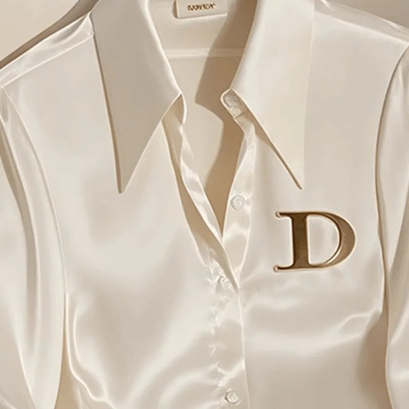 Elegant French Women's White Satin Shirt Turn-down Collar Long Sleeve Blouse Autumn/Winter for Women Casual Simple Office Lady