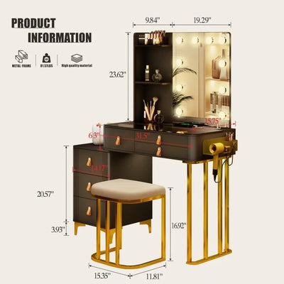 Makeup Vanity with Lights-Vanity Desk with 10 Light Bulbs&3 Color Lighting Modes-Dresser-Makeup Table with Mirror and Chair
