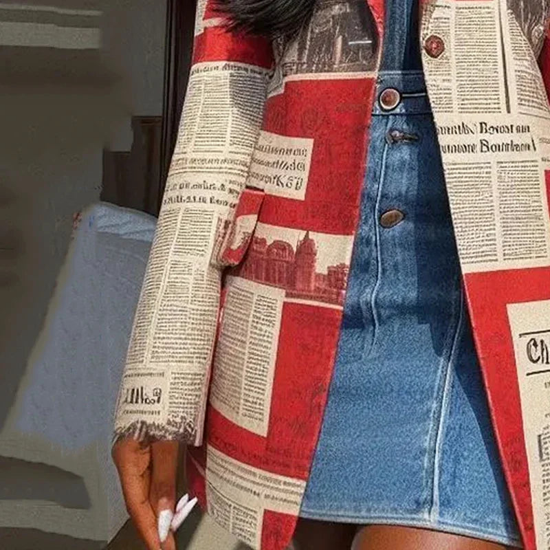 Yeezzi Women's Notched Collar Blazer 2025 New Spring Long Sleeves Fashion Newspaper Printed Urban Casual Streetwear Outerwears