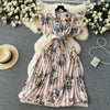 2024 Summer Women Floral Pleated Dress Vintage Turn-Down Collar Short Sleeve Single Breasted Printed Draped Midi Vestidos New