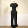 Elegant Jumpsuits & Rompers for Women O Nec Short Sleeve Beaded High Waisted Luxury Female Birthday Dinner Party Overalls Outfit