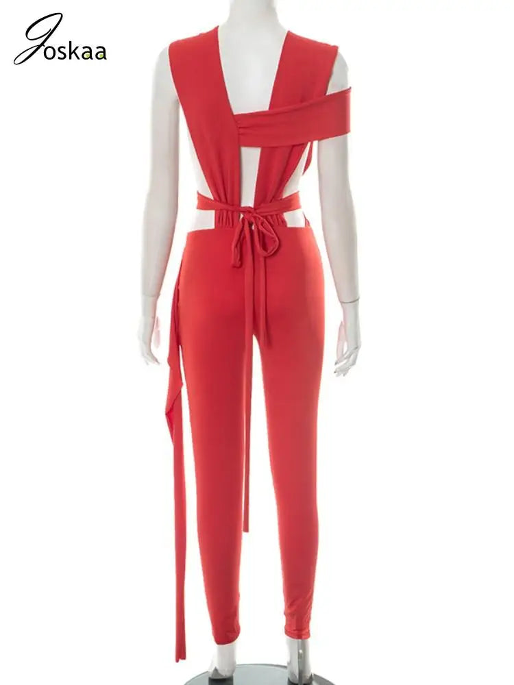 Joskaa Sexy Hollow Bandage Irregular Jumpsuit Women Summer Sleeveless Backless Ribbon Skinny Rompers 2025 Midnight Clubwear