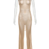 kliou Shiny Long Dress Stunning Women Solid Summer Thin Mesh Sheer Backless Sleeveless Bodycon Female Elegant Fashion Vestidos