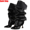 GIGIFOX Knee High Fold Over Boots For Women Stiletto High Heels Pointed Toe Back Zipper Shoes Adjustable Buckle Mid-calf Boots