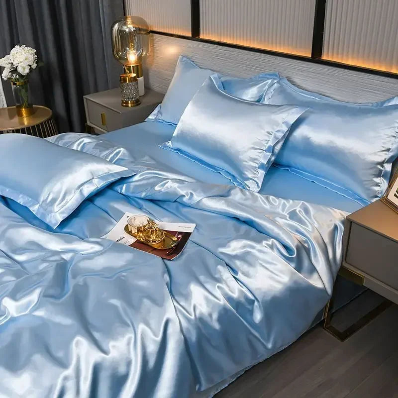 Nordic Satin Silk Bedding Set with Duvet Cover Bed Sheet Pillowcases Luxury Solid Single Double Couple Pillow Case Bedsheet