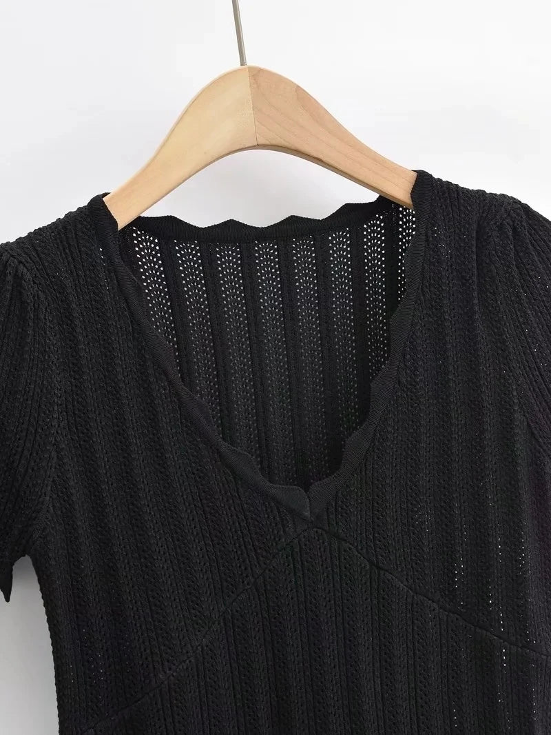 Women V Neck Knitted Crochet Tee With