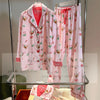 Pink Cartoon Print Pajamas Set Women Soft Sleepwear Cotton Shirt Pant Long Sleeve Autumn Home Clothing Christmas Party Gift