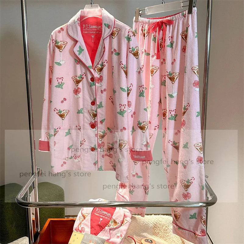 Pink Cartoon Print Pajamas Set Women Soft Sleepwear Cotton Shirt Pant Long Sleeve Autumn Home Clothing Christmas Party Gift