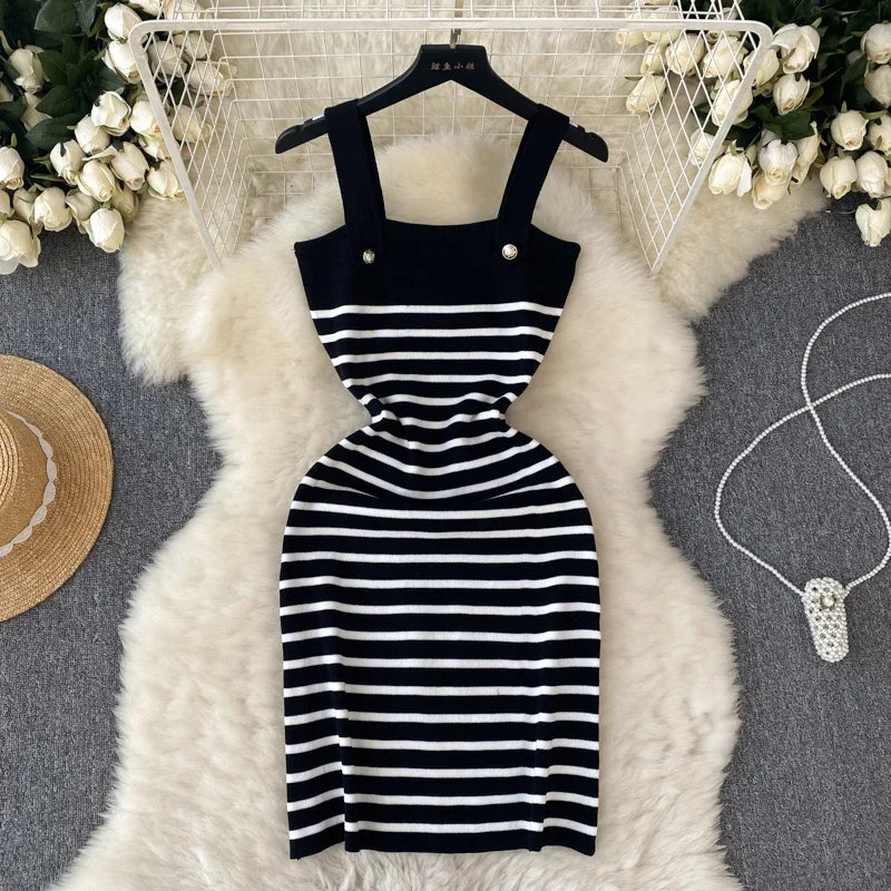 Striple 2024 Sexy Summer Knit Strap Dress Women Tank Elatic Waist Bodycon Sundress Female Beach  Backless Midi Dress