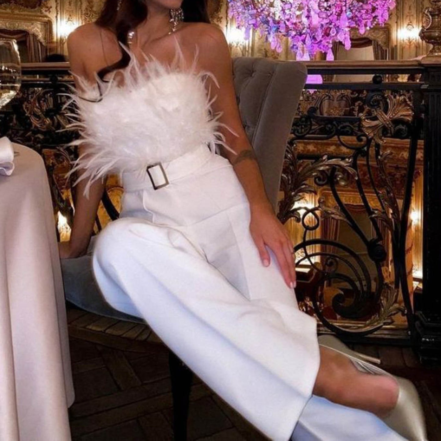 Women Jumpsuit Feather Tube Top Sexy Evening Party Jump Suits Sleeveless High-waisted Straight Playsuits Night Clubwear Overalls