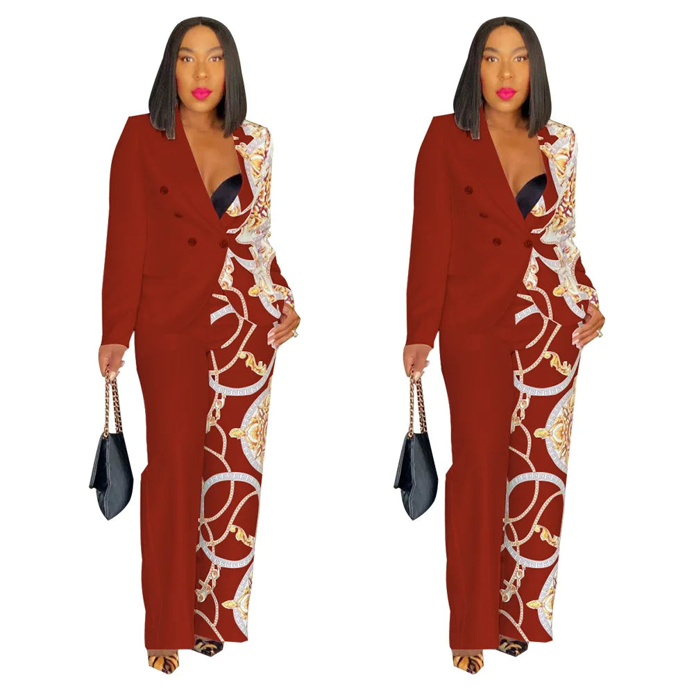 2024 Women Formal Jacket & Trousers Office Lady Outfits Autumn Women Two Pieces Set Print Blazer Coat & Pants Suit Sets Female