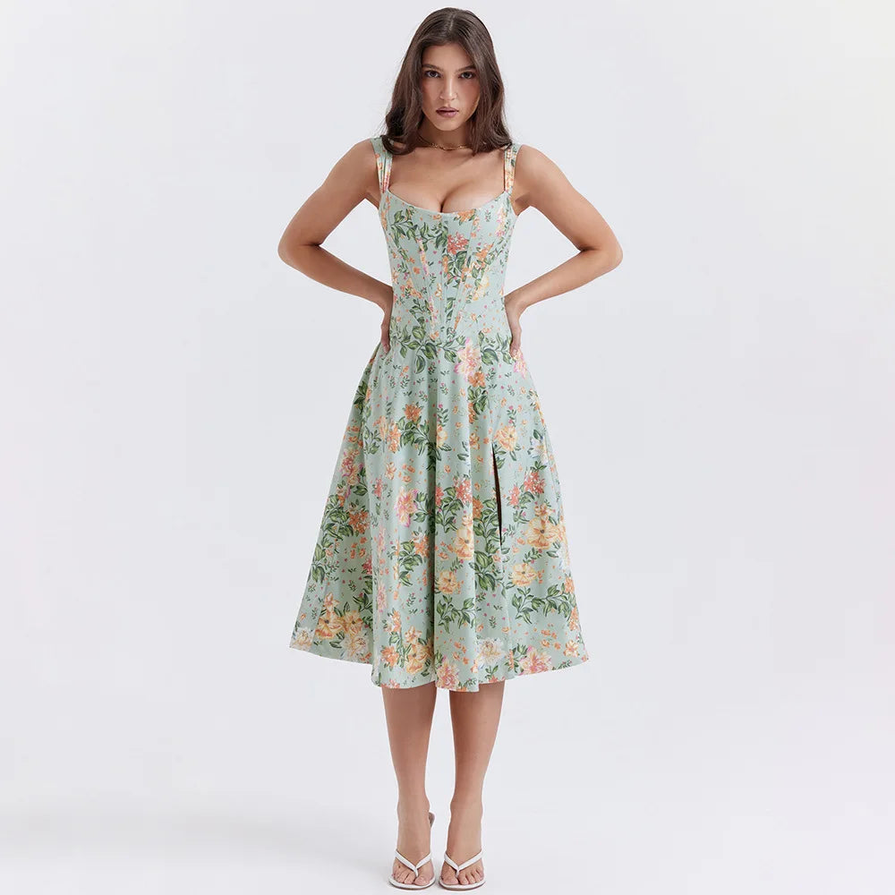 Suninheart Summer Pink Floral Print Corset Dress Midi Elegant Sexy Party Dresses Holiday Birthday Casual A Line Women Clothing