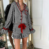Striped Loungewear Christmas Pajamas Shorts Set Women Y2k Cute Bow Tie Pjs Button Up Shirt+Ruffle Shorts 2 Piece Sleepwear