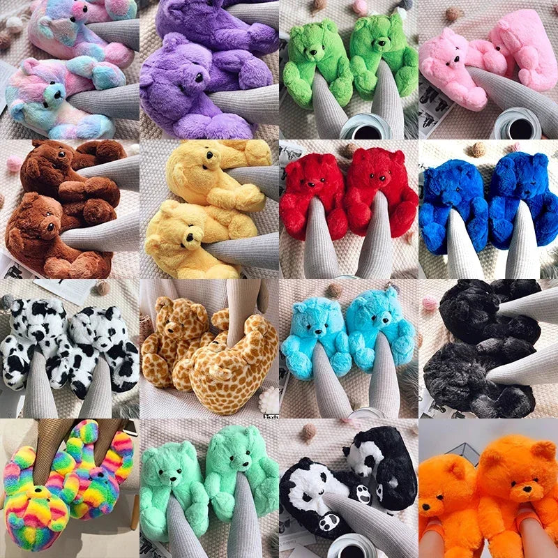 Cute Teddy Bear Plush Winter Slippers Wrapped in Heels Fun Indoor Floor Shoes Women's Gift Warm and Soft Cartoon Plush Animal Sl