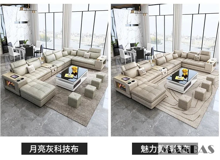 MINGDIBAO Nordic Fabric Sofa Set with Bluetooth Speaker & USB - Modern Living Room Modular Sofas Big U Shape Corner Cloth Couch