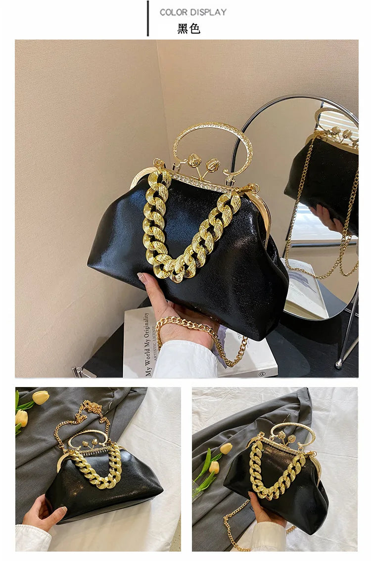 2024 Luxury Women Gold Green Chain Messenger Bags PU Leather Shoulder Bags Shell Clip Designer Handbag And Purse Wedding Clutch