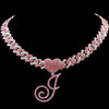 Hip Hop Bling Pink Crystal Cursive Initial Letter Cuban Necklace for Women Iced Out Paved Cuban Chain Necklace Choker Jewelry