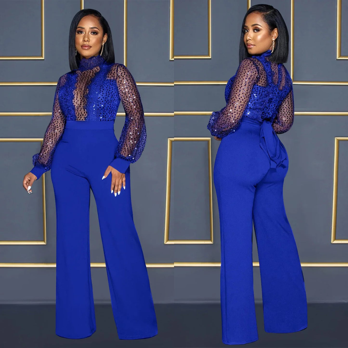 Fashion Women's Clothing Hollow Long-sleeved Loose Wide Leg Jumpsuits Overall Pants Solid Color Sexy Lace