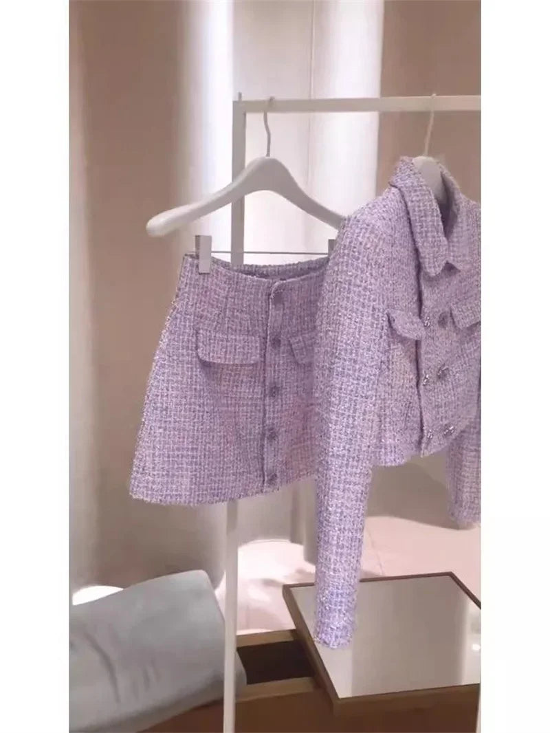 New Luxury High End Tweed Women's Two Pieces Set Elegant Lapel Double Breasted Slim Short Coat + Mini Skirt Fashion Suit