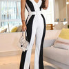 Spring and Summer New Women's Fashion Casual Slim Striped V-neck Black and White Contrast Jumpsuit--without Belt