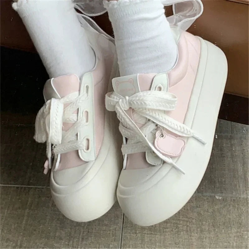 SHANPA Platform Sneakers Women Fashion Pink Sweet Korean Style Shoes for Women 2024 Autumn Versatile Comfortable Niche Shoes