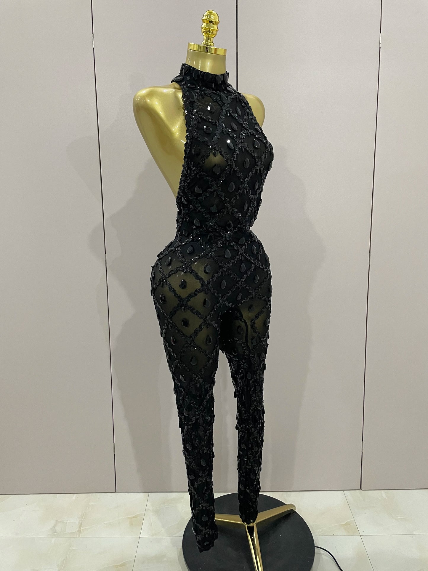 Luxury Sparkly Black Diamond Mesh See THhrough Jumpsuit Women Celebrate Birthday Sexy Dancer Nightclub Performance Stage Costume
