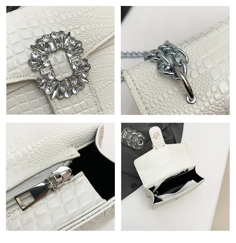 Crocodile Embossed Shoulder Bags For Women Flap PU Leather Fashion Rhinestone Decor Small Square Crossbody Bag Designer Handbag