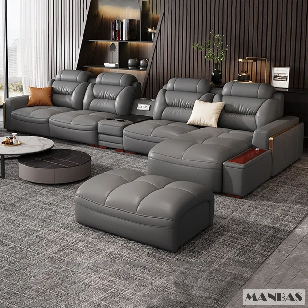 Premium Italian Genuine Leather Sectional Sofa Sets Couch Sofas with USB and Bluetooth Speaker - MANBAS Living Room Furniture