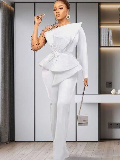 Spring 2 Pieces Set for Woman Pearl Top with Sleeves Pants Suit Women Outfit Elegant Classy Evening Wholesale Dropshipping