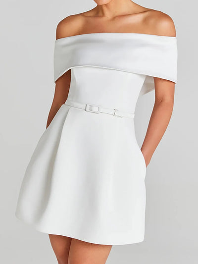 Women Belt Patchwork Short Sleeve Mini Dress, Spring Summer Fashion Slash Neck Party Dress, Solid Off The Shoulder Ladies Dress