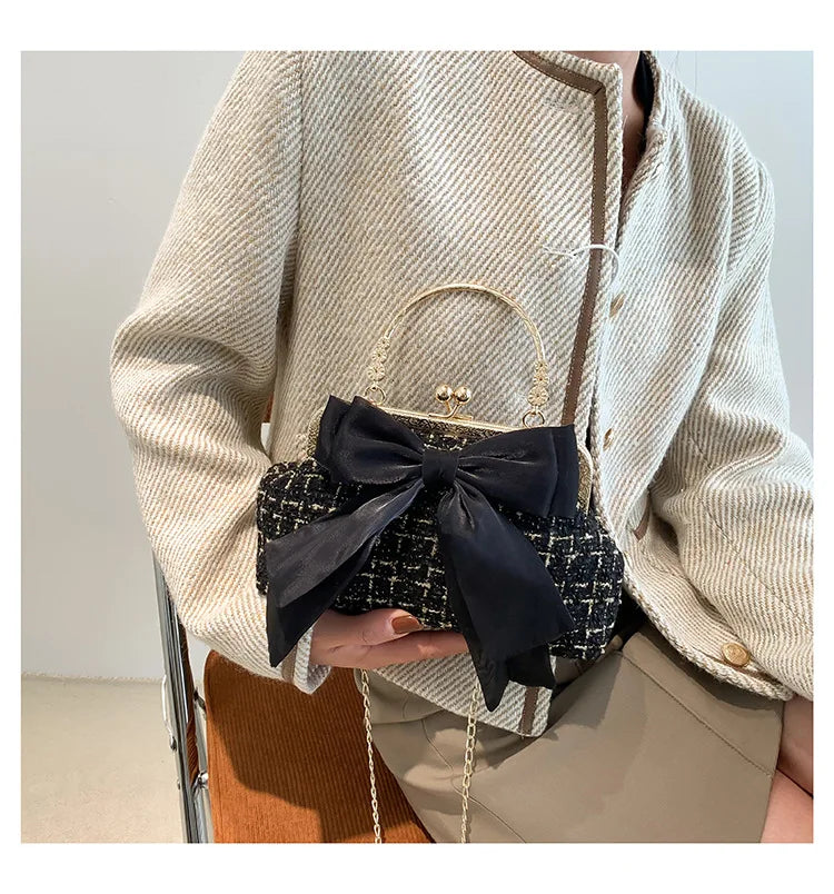 Glittering Chain Plaid Pattern Evening Bag For Women Bow Decor Shoulder Bag, Fashionable Elegant Clutch, Women‘s Crossbody Bag
