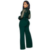 Fashion Women's Clothing Hollow Long-sleeved Loose Wide Leg Jumpsuits Overall Pants Solid Color Sexy Lace