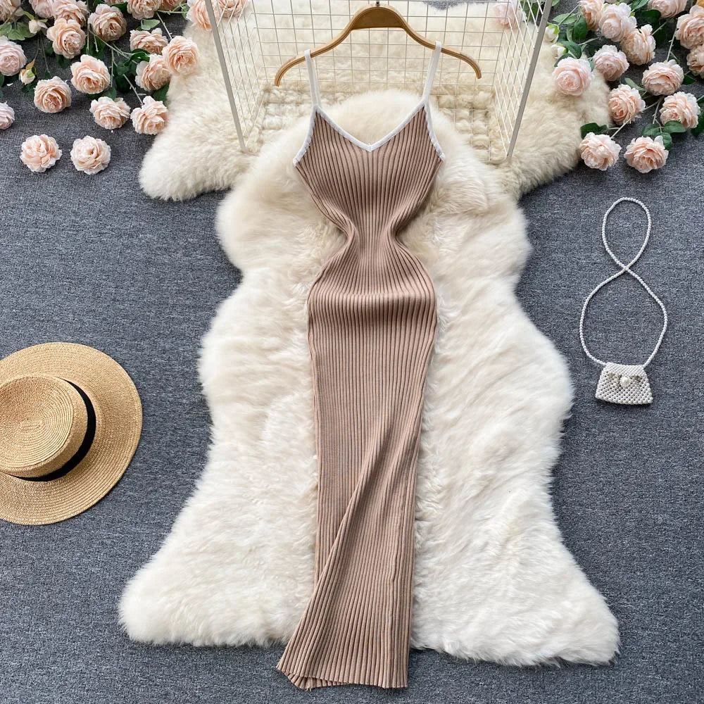 Summer V Neck Knit Sexy Strap Dress Women Elatic Waist Bodycon Sundress Female Beach Backless Maxi Long Dress