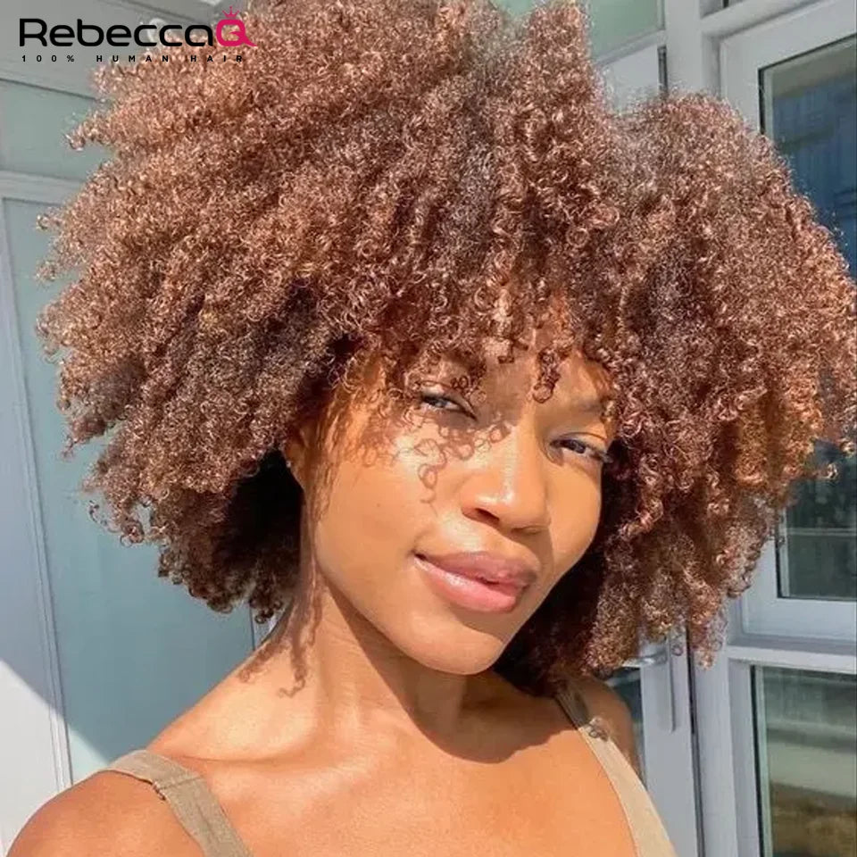 250D Brown Color Afro Kinky Curly Human Hair Wigs with Bangs Wear to go Glueless Wig Remy Brazilian Short Curly Human Hair Wig