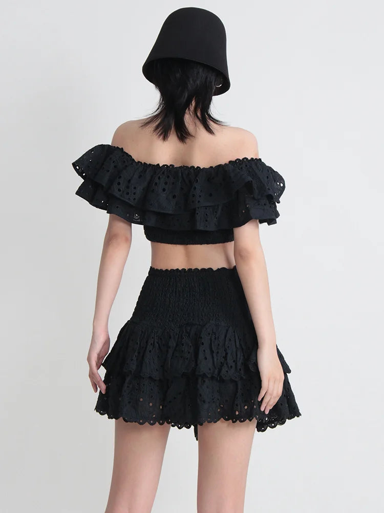 TWOTWINSTYLE Hit Color Print Casual Two Piece Sets For Women Slash Neck Short Sleeve Top High Waist Skirt Summer Set Female New