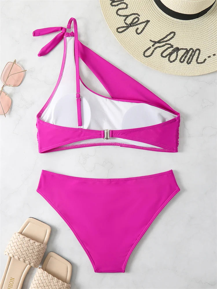 Bikini 2025 New Swimsuit Women Swimwear Solid Black One Shoulder Bikinis Set Bathing Suit Female Two Pieces Beach Wear Biquini