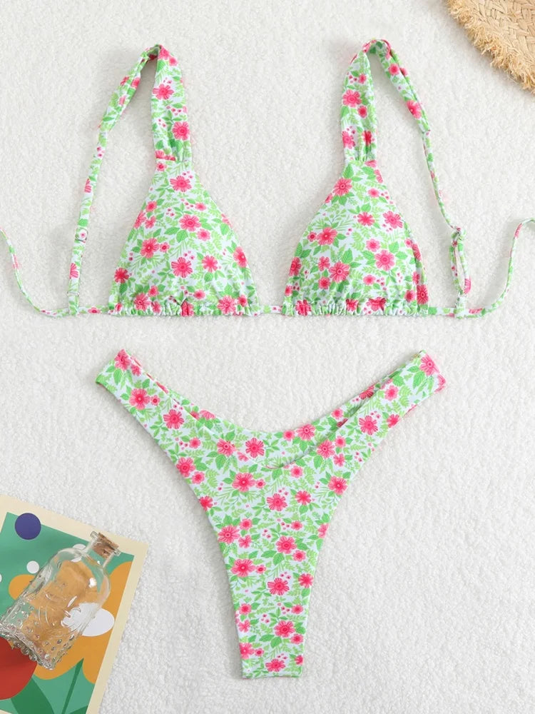 Bikini Women Swimsuit 2025 New Solid Print Sling Bikinis Set Sexy Thong Swimwear Summer Two Piece Beachwear Bathing Suit Female