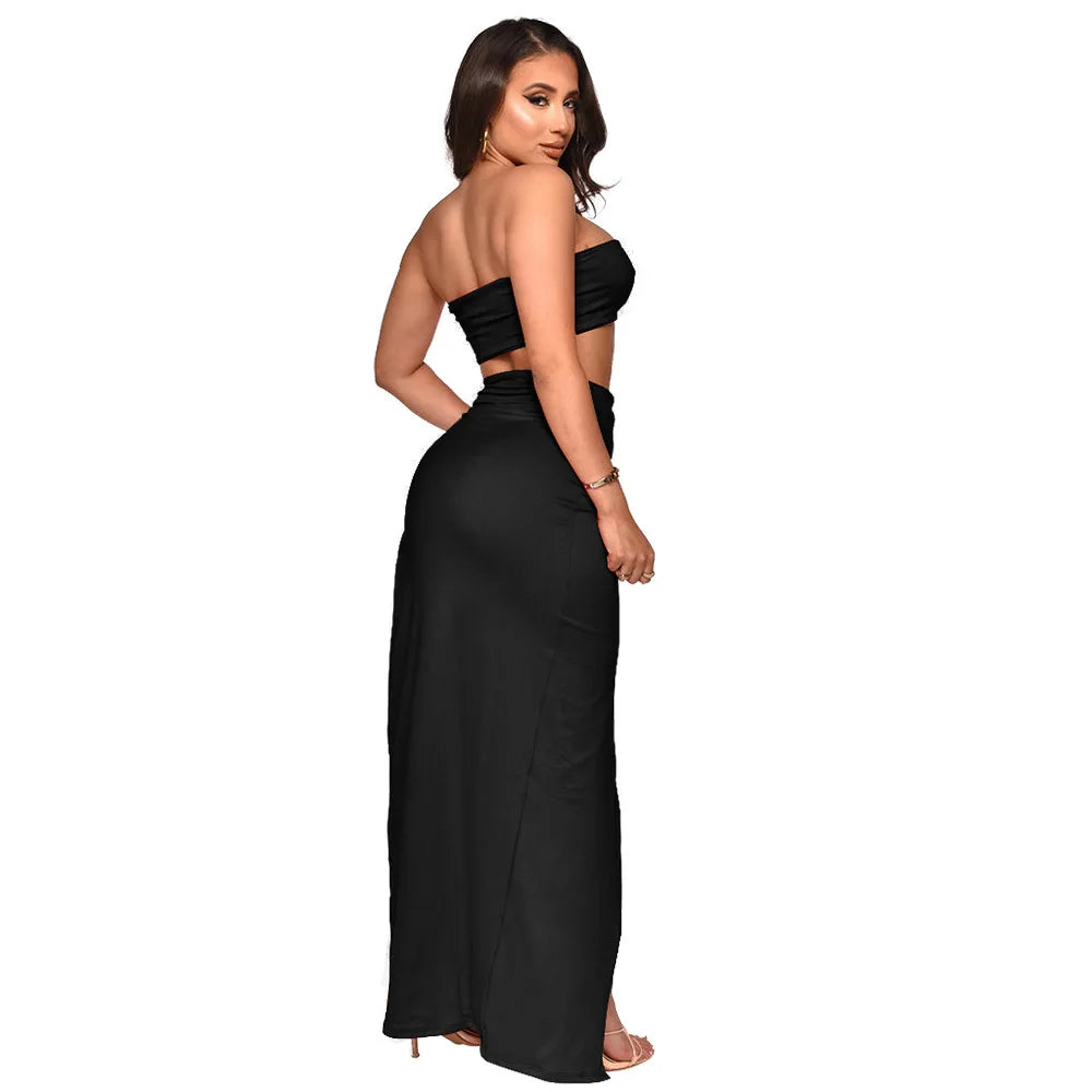 Women Two Piece Set Solid Color Breast Wrap Top and Irregular Slit Long Skirt Suit Lady Streetwear Mini Skirt Club Party Outfits