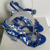 Luxury Diamond Crystal Decor Modern Sandals Women Blue And White Porcelain Print Ankle Strap Summer Shoes For Girls