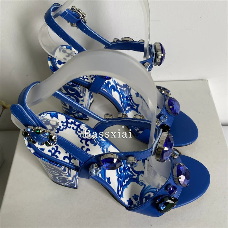 Luxury Diamond Crystal Decor Modern Sandals Women Blue And White Porcelain Print Ankle Strap Summer Shoes For Girls