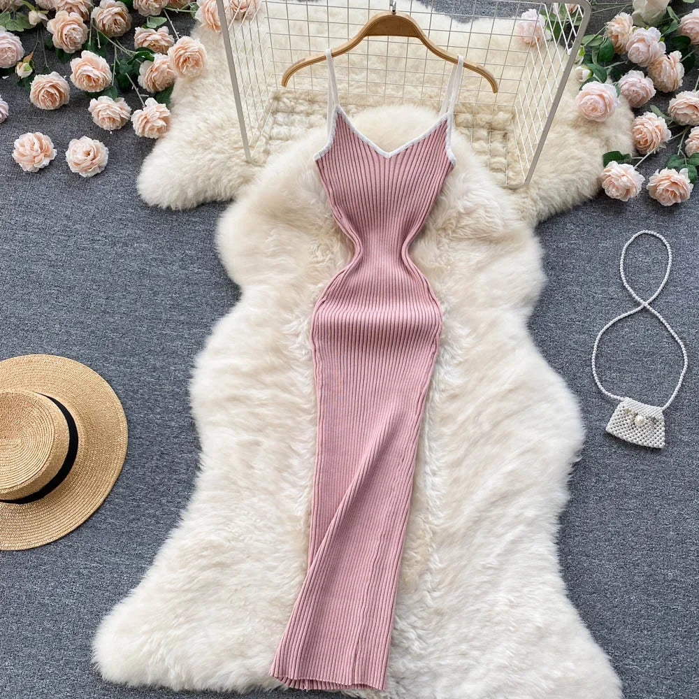 Summer V Neck Knit Sexy Strap Dress Women Elatic Waist Bodycon Sundress Female Beach Backless Maxi Long Dress