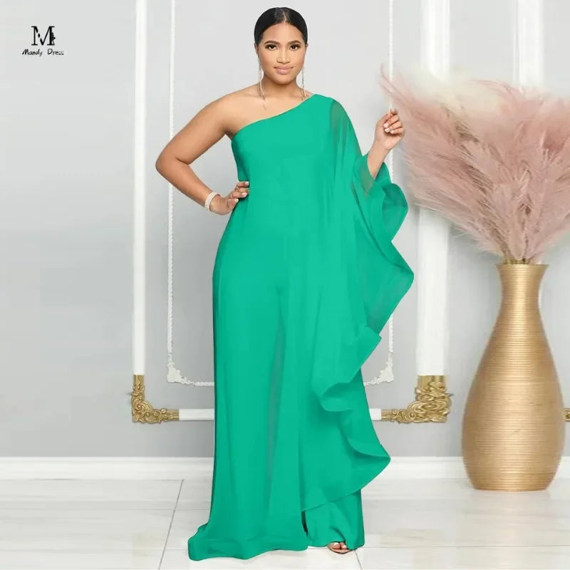 Sexy Chic Women One Shoulder Jumpsuit Chiffon Long Sleeve Prom Party Clothes Designer One Piece Ruffles Rompers 2023