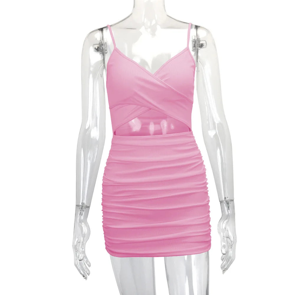 Women Sexy Cutout Bodycon Dress Euro Style Cross Back Straps Hollow Out Nightclub Party Evening Outfit Slim Fit Stretchy Dress