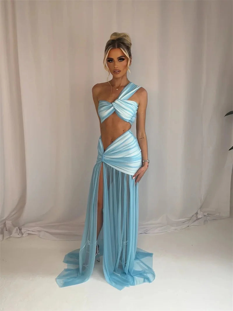 Mozision Summer Sexy Skirt Two Piece Sets Women One Shoulder Crop Top And Maxi Skirt Female Elegant Beach Club Party 2 Piece Set