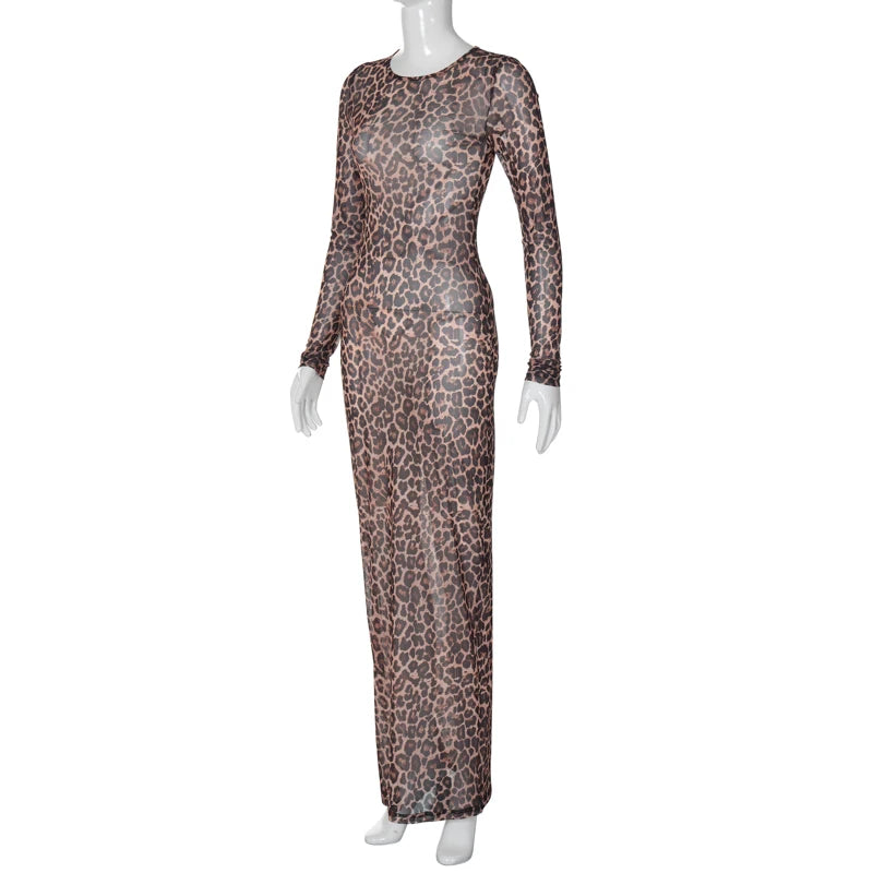 Dress Summer Women Leopard Print Mesh O Neck Long Sleeve Sexy See Through Maxi  Fashion Outfits Beach Vacation Nightclub