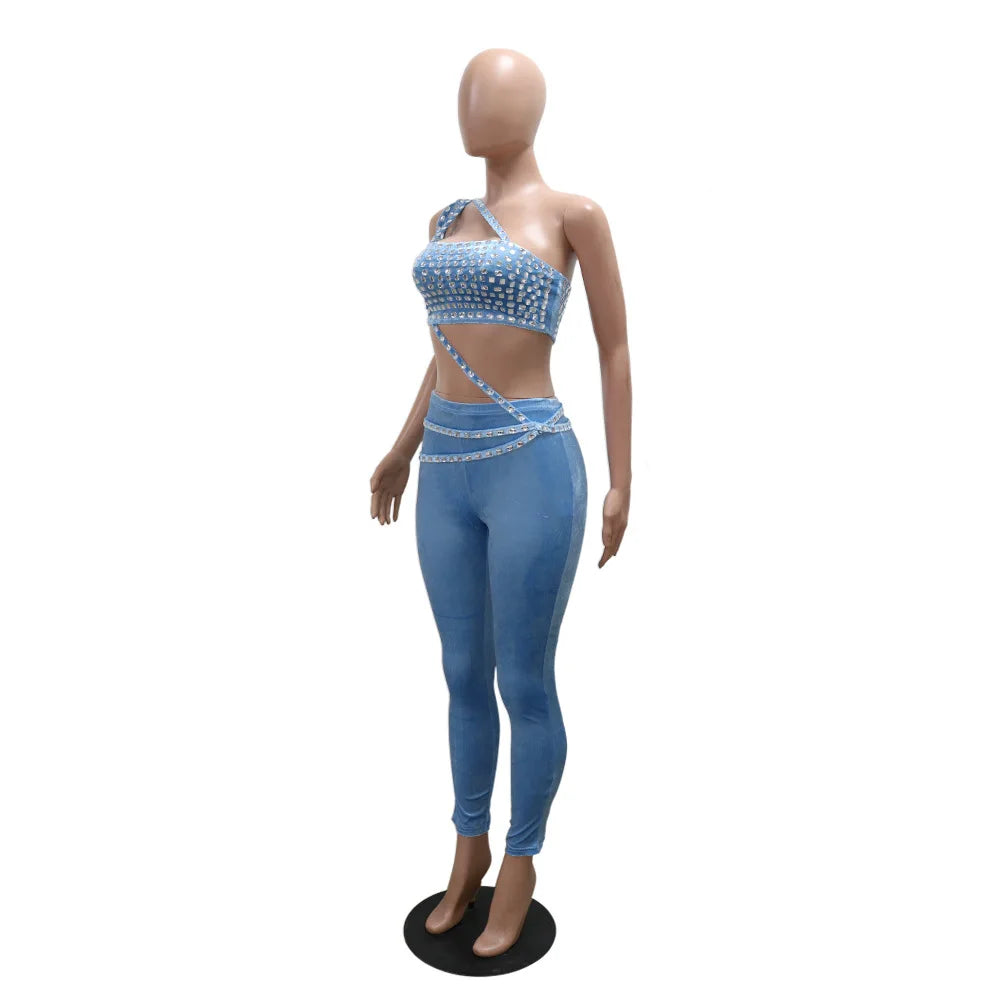 Joskaa Women Velvet 2 Piece Sets Sexy Diamonds Wrap Chest Tank Tops and Pencil Pants Match Winter Party Club Outfits Streetwear