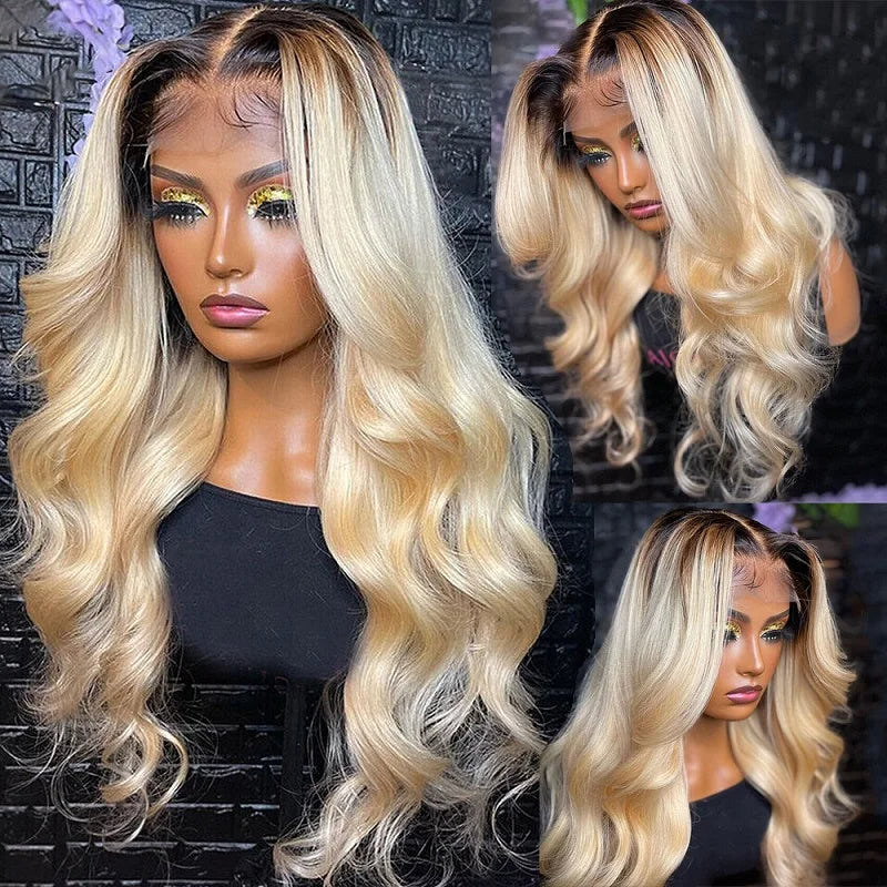 13x6 Lace Frontal Wig Brazilian Straight Human Hair Wig 2 Tone Dark Root 1B 613 Ombre Blonde Lace Front Wigs For Black Women 40"