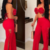 2022 Summer Women 2 Piece Set Floral Bra Tops and High Side Split Lace Up Wide Leg Pants Set Sweatsuit Tracksuit Outfits