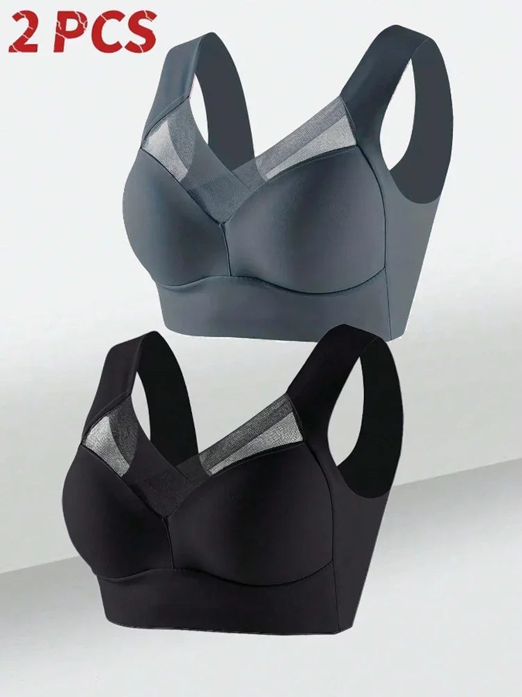 2PCS Women Lace Sport Bras Plus Size Seamless Bra Bralette Backless Lady Brassiere Vest Female Gather Shock-Proof Wireless L-5XL